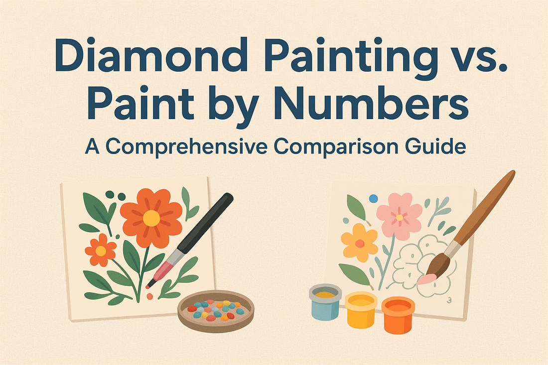 Comparison image showing diamond painting on the left and paint by numbers on the right, with the title ‘Diamond Painting vs. Paint by Numbers: A Comprehensive Comparison Guide’ displayed above on a beige textured background.